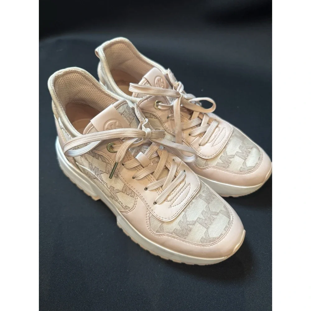 Michael Kors Muse Trainer Women's Low Top Lace Up Logo Sneakers Pink Gold Trim